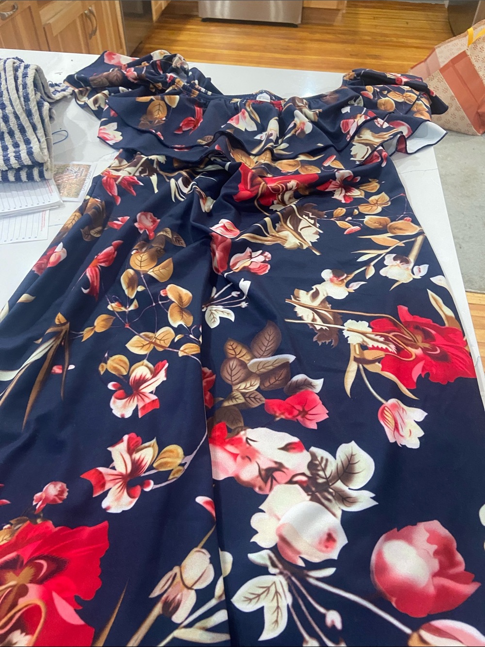 Floral Off-Shoulder Maxi Dress in Navy and Red